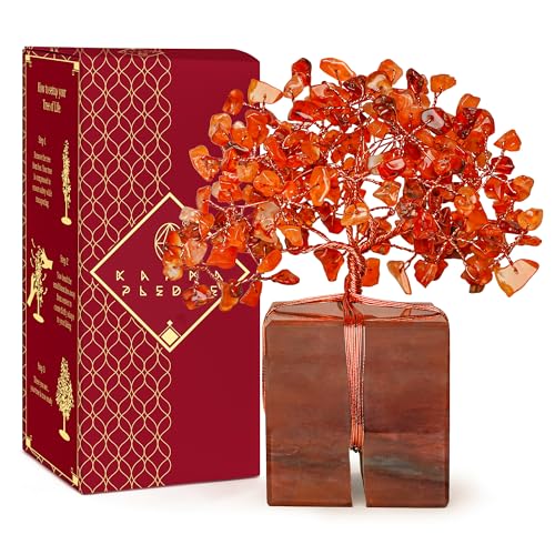 KARMAPLEDGE Chakra Tree of Life for Unique Gifts for Mom, Dad, Home and Office Decor, Handmade Carnelian Healing Crystal Tree for Positivity, Money & Good Luck, Birthday Gifts for Women,Mens - color: 53 Carnelian Crystal Base