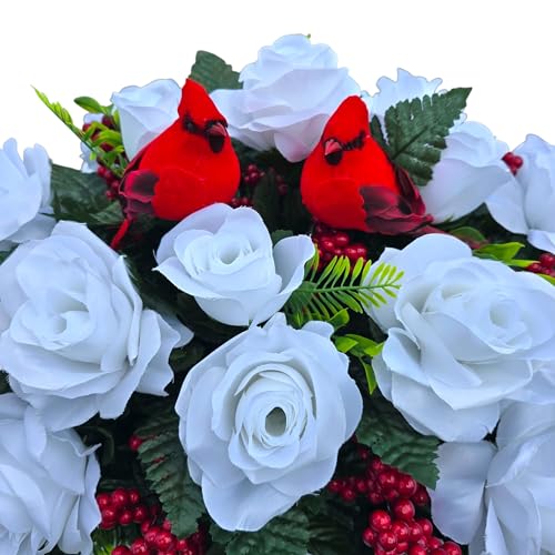 Christmas Memorial Saddle with White Roses, Red Berries, and Red Birds - Winter Memorial Flowers for Grave, Headstone, or Funeral Flowers