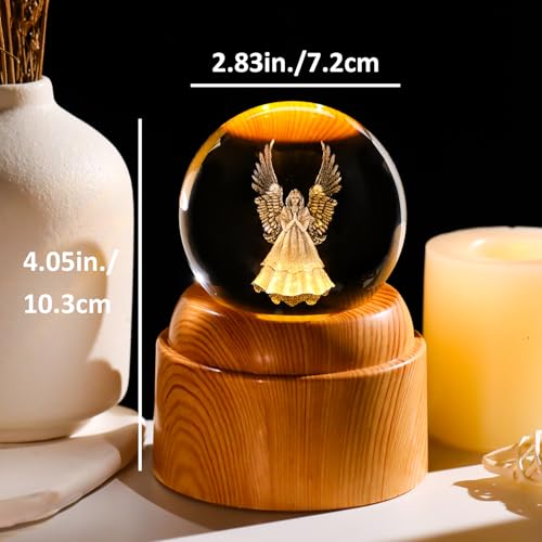Guardian Angel Gifts 2.36in 3D Engraved Angel Crystal Ball with Rotatable Warm Light Wood Base, Guardian Angel Figurines Memorial Gifts for Women Mom Friends - color: Angel