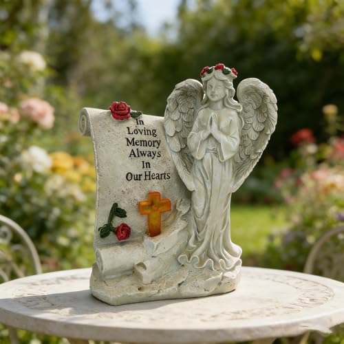 Solar Powered Garden Angel Statue, Memorial Bereavement Gift | Resin Angel Statue 9.1IN Memory of Loved One, Cemetery Grave Decorations, Remembrance Condolence Gift, Angel Figurines