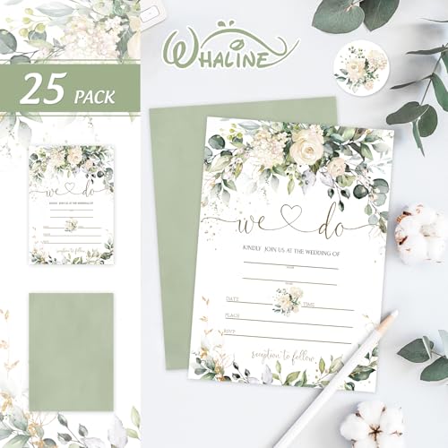 Whaline 25 Sets Greenery Floral Wedding Invitation with Envelopes Stickers Eucalyptus Leaves Fill in Blank Invites Cards for Bridal Shower, 5 x 7 Inch - style: Greenery Floral
