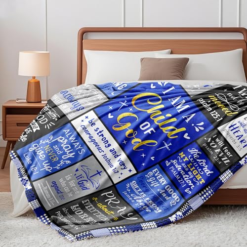 Christian Blanket Gifts for Men, Baptism Gifts for Boys, Inspirational Birthday Religious Catholic Spiritual Gift for Man Son Dad, Bible Verse Throw Blanket 50"x40" - color: Blue Christian