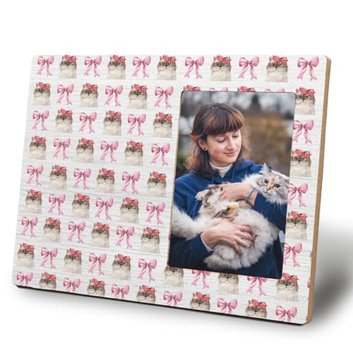 Coquette Pink Bow Cat Girl Picture Frame 4x6,Cat Lovers Mom Lady Gifts for Women Girls Preppy Girly Cute Kitten Wall and Tabletop Display Picture Photo Frames for Girls Room Dorm Apartment - color: Pink Bow Cat