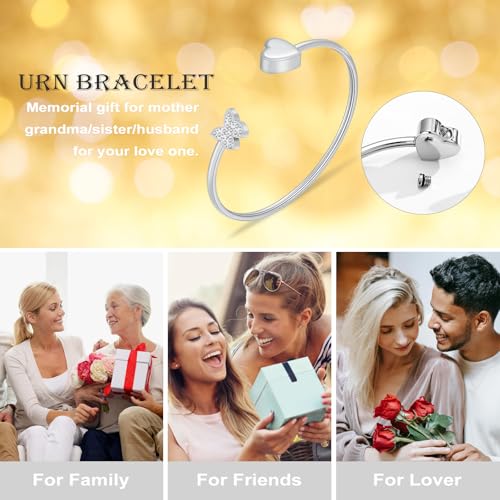 Urn Bracelet for Ashes Butterfly Heart Cremation Ash Bracelet for Women Men Openable Cuff Bangle Memorial Ashes Bracelets Always in My Heart - color: Silver
