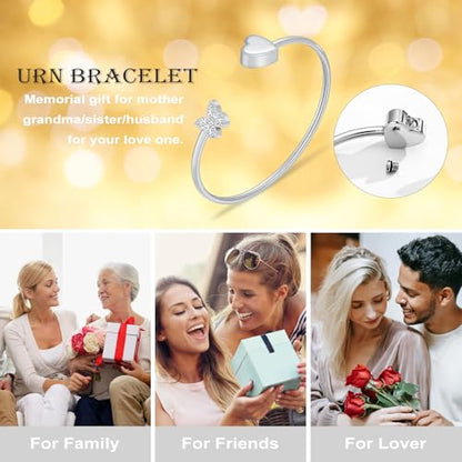 Urn Bracelet for Ashes Butterfly Heart Cremation Ash Bracelet for Women Men Openable Cuff Bangle Memorial Ashes Bracelets Always in My Heart - color: Silver