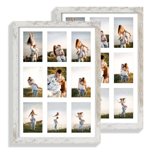 Hongkee 13.6x19.7 Collage Frame for 9 4x6 with Mat - Real Glass Cover - color: Distressed White, size: 13.6x19.7 in matted to 9-4x6