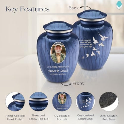 Embrace Adult Personalized Doves Cremation Urns for Human Ashes I Large Picture Pearl Cobalt Blue Funeral Urn for Adult Men and Women with Double Side Engraving I 200 lbs - color: _Pearl Cobalt Blue (Double Sided)