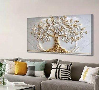 QGJQCFY Tree of Life Canvas Wall Art, Gold White Flowers, 32x16in | Natural Landscape Poster Print, Living Room Bedroom Office Decoration, Ready to Hang - size: 16"L x 12"W