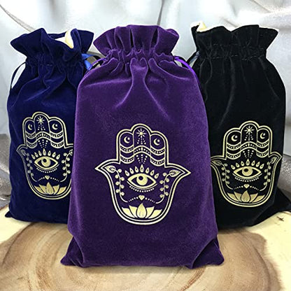 ARTSY CRAFTS 6x9" Hamsa Hand Velvet Jewelry Pouch Gift Bags, Fatima Hand Evil Eye Velvet Drawstring Oracle Tarot Card Rune bags Dice Bag (3Pk Purple+Blue+Black) - color: 3Pk Purple+Blue+Black