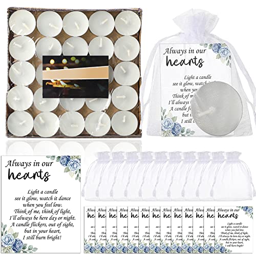 50 Set Funeral Party Favors Memorial White Candles Unscented Funeral Gifts Tealight Candles with Condolence Bereavement Cards and Organza Bags for Guest Celebration of Life Decorations (Elegant) - style: Elegant