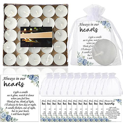 50 Set Funeral Party Favors Memorial White Candles Unscented Funeral Gifts Tealight Candles with Condolence Bereavement Cards and Organza Bags for Guest Celebration of Life Decorations (Elegant) - style: Elegant