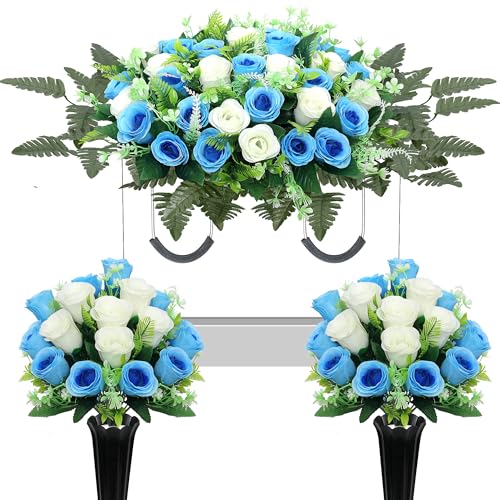 Large Artificial Cemetery Flowers for Grave,Headstone Flower Saddle 3Pcs Realistic Grave Memorial Flowers with Vase for Outdoor Tombstone Decorations (Blue White) - color: Blue White