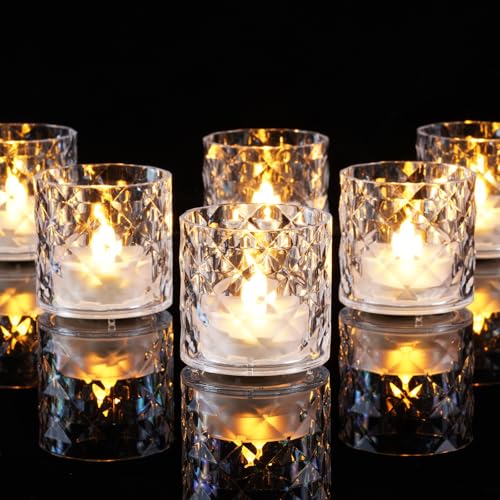 Homemory 2" Clear Acrylic Votive Candle & Holders with Auto Timer, 6 Pack | 6h auto timer, flicker Warm White glow, Pre-installed batteries, shatterproof acrylic, waxless smokeless, holiday party decor - color: Clear, size: 6 Pack