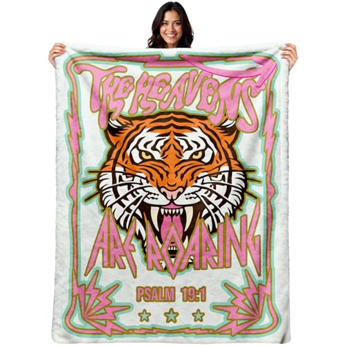 Christian Bible Verse Tiger Blanket 50x60 Inch, Christian Gifts | The Heavens Are Roaring Tiger Design, Soft Cozy Throw Blanket Gifts for Women - color: White-pink