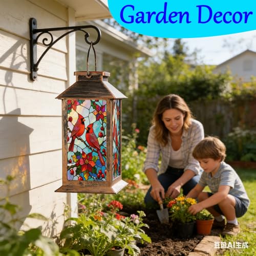 Solar Lanterns Outdoor Waterproof,Garden Decor Metal Hanging Decorative Solar Lights,Mothers Day Gifts,Birthday Gifts for Women Mom Grandma,Gardening Gifts for Yard,Patio, Lawn,Tabletop(Cardinal) - style: Style_ Red Bird