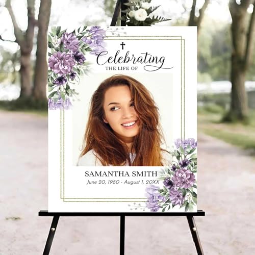Celebration of Life Welcome Sign, Editable Purple Flowers Funeral Welcome Sign, in Loving Memory Sign, Celebration of Life Funeral Sign, Celebration of Life Sign, Funeral Photo Sign #Jg11 - color: Version #17