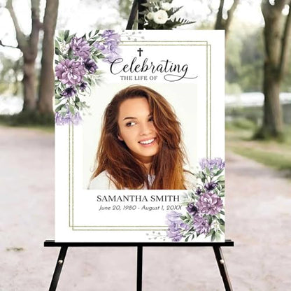 Celebration of Life Welcome Sign, Editable Purple Flowers Funeral Welcome Sign, in Loving Memory Sign, Celebration of Life Funeral Sign, Celebration of Life Sign, Funeral Photo Sign #Jg11 - color: Version #17