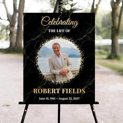 Celebration of Life Welcome Sign, Editable Black and Gold Funeral Welcome Sign, in Loving Memory Sign, Celebration of Life Funeral Sign, Celebration of Life Sign, Funeral Photo Sign #Jg11 - color: Version #15