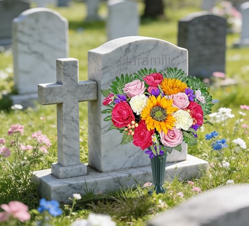 Artificial Cemetery Flowers for Grave Vase - Gravesite Flowers,Headstone Decorations with Sunflower Rose Hibiscus Daisy Mix Bouquet