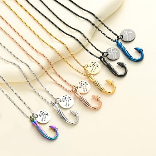 Oinsi Fishing Hook Urn Necklace for Ashes Fish Cremation Jewelry Memorial Ashes Keepsake Stainless Steel Urn Keychain for Men - color: Rose Gold (Always In My Heart)