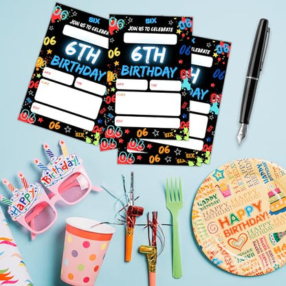 Birthday Invitations for Boys- Glow Neon 6th Bday Invites with Envelopes (25-Count) - Digital Number Party Invite Cards for Party Supplies Favors Decorations-H01 - style: Neon 6th