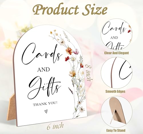 Wildflower Cards and Gifts Sign, Wedding Ceremony Signs, 6 x 8 Inch Arch Wooden Tabletop Sign with Stand, Wedding Reception Decoration Supplies (AG01) - color: White