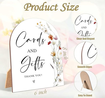 Wildflower Cards and Gifts Sign, Wedding Ceremony Signs, 6 x 8 Inch Arch Wooden Tabletop Sign with Stand, Wedding Reception Decoration Supplies (AG01) - color: White