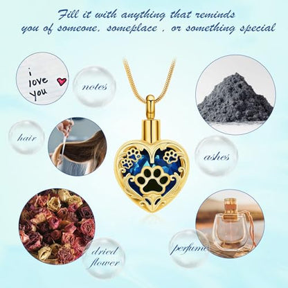 Heart Urn Necklace For Ashes Birthstone Pet Memorial Jewelry Dog Paw Print Cremation Pendant Stainless Steel Keepsake Gift For Pet Lovers - color: Gold blue