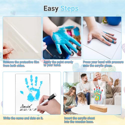 Family Handprint Kit - DIY Baby Hand and Footprint Keepsake - with Solid Wood Base, 5 Acrylic Plates & 6 Paints - Unique Keepsake For New Parents, Grandparents, Baby Shower & Pets