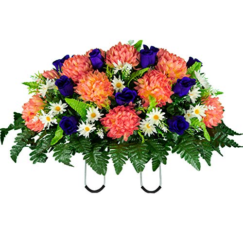 Artificial Cemetery Flowers – Realistic Vibrant Roses, Outdoor Grave Decorations - Non-Bleed Colors, and Easy Fit - 1 Salmon Pink Mum and Purple Rose Saddle for Headstone - color: Salmon, size: 1 Saddle