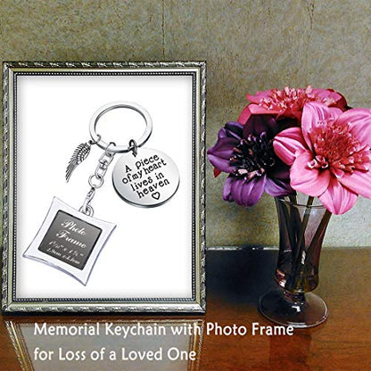 POTIY Sympathy Gift Memorial Keychain with Photo Frame Those We Love Don't Go Away Remembrance Gift for Loss of a Loved One - style: A Piece of My Heart Lives in Heaven Photo Frame