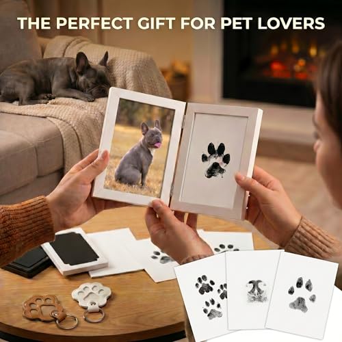 Inkless Pet Paw & Nose Print Kit, Wood Frame Keepsake Gift Set | 3 Inkless Pads, 6 Cards, Hinged Double Wood Frame, 2 Leather Fur Keychains, New Pet, Milestone & Memorial Keepsake