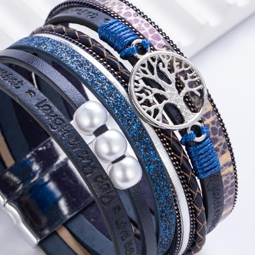 Tree of Life Inspirational Leather Wrap Bracelets Boho Western Cowgirl Cuff - color: Navy Blue