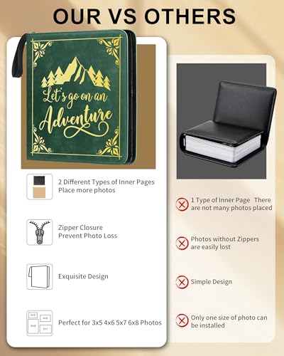 Adventure Leather Photo Album 4x6 200 Photos, DIY Scrapbook with 50 Sheets and 20 Blank Kraft Sheets, Travel Souvenir Diary Photo Book for Family Wedding Baby and Holiday Pictures - color: Green-text