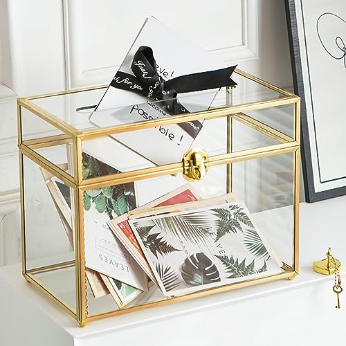 Glass Wedding Card Box with Slot, 10.2 inch Clear Card Box Gold Brass Gift Card Storage Box with Lock Perfect for Wedding Receptions, Baby Shower, Birthday Party, Bridal Shower - color: 10.2'' with lid