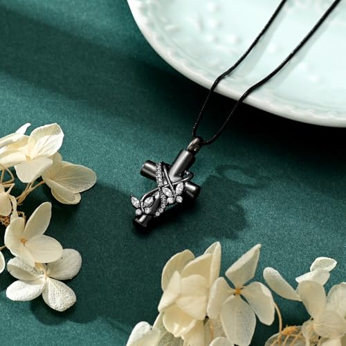 Butterfly Cross Cremation Jewelry Urn Necklaces Stainless Steel Cross Urn Necklaces for Ashes Memorial Keepsake Pendant for Women Gifts With Funnel Kit & Bag - color: Grey+White