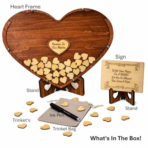 Wooden Heart Memorial Guest Book Alternative, Featuring-Forever in Our Hearts, Signing Heart with Display Stand (65 Trinkets) - size: 65 Trinkets