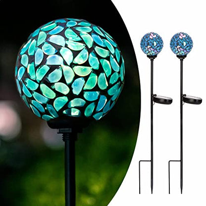 Afirst Solar Outdoor Decorative Light, Mosaic Stake for Yard Decor, 3.5" | 2 Pack Crackle Glass Sphere Mosaic Glass Ball Stake, Waterproof Design & Solar Lights for Lawn, Yard & Pathway Decor, Blue