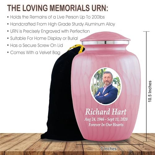 Personalized Photo Cremation Urns for Adult Ashes Male Female - 200lbs Custom Photo Burial Urns for Human Ashes - Engraved Handcrafted Funeral Decorative Urns for Adult with Velvet Bag, Pink Enamel