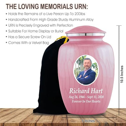 Personalized Photo Cremation Urns for Adult Ashes Male Female - 200lbs Custom Photo Burial Urns for Human Ashes - Engraved Handcrafted Funeral Decorative Urns for Adult with Velvet Bag, Pink Enamel