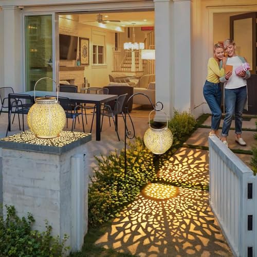 TAKE ME 2 Packs White Solar Lanterns Outdoor Waterproof Garden Laterns Metal Retro Lights for Mothers Gifts Mom Wife Grandma Birthday Gifts (White Set of 2) - color: White