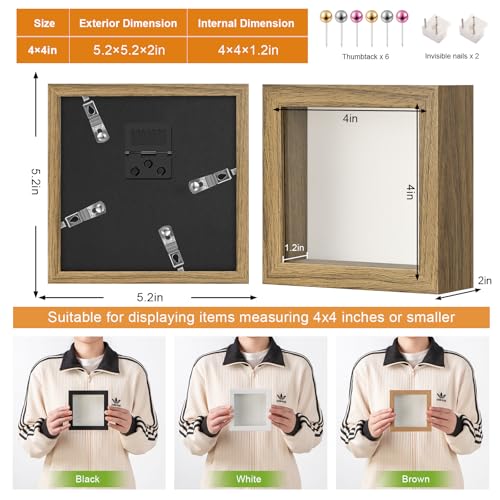4x4 Mini Shadow Box Frame with Ultra-Clear Glass & Soft Linen Back | With Push Pins, Deep 1.2" Brown Shadow Box Display Case – Display on Tabletop or Wall for Insect, Photo, Flower, Keepsakes - color: Brown+high Definition Panel + Shatter-proof Packaging,