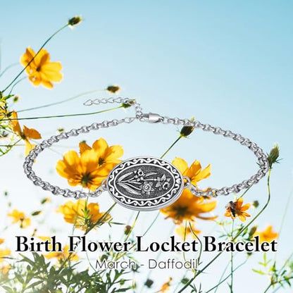 Birth Flower Photo Locket Bracelet 925 Sterling Silver 12 Month Locket Bracelet with Picture Birth Flower Photo Jewelry Gifts for Women Mother Mom Daughter - style: 03-March-Daffodil-Custom