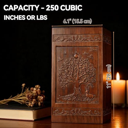 Wooden Urn for Ashes Adult Male Female, Cremation Urns for Human Ashes Adult Men Women, Decorative Burial Funeral Memorial Urn Box Holds 250 Cubic Inches, Tree of Life