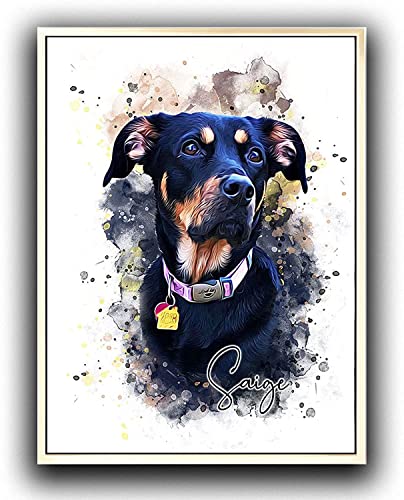 Custom Dog/Cat Portrait Watercolor Painting Framed Canvas Prints with Your Photos Wall Art for Home Decoration, Personalized Memorial Gift for Pet Lovers Dog Moms (16x20 inches, Champagne Frame) - color: Champagne Frame, size: 20"L x 16"W