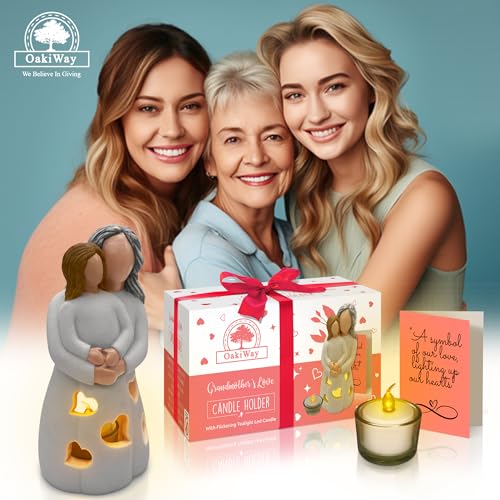 Hand-Painted Grandma-Granddaughter Candle Holder Statue Gift, with Flickering LED Candle | Gigi Grandmother Birthday Gift, Unique Nana Present Ideas for Christmas, Greeting Card Included - color: Grandma & Granddaughter (Light Brown)