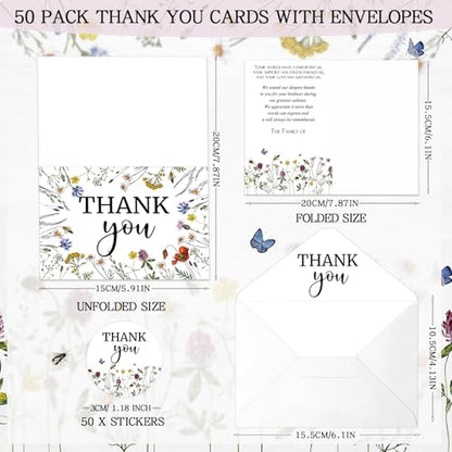 Fumete 50 Set Funeral Thank You Cards, Wildflowers | with Envelopes and Sticker Thank You Sympathy Card with Message Bereavement for Funeral Family Loved Ones Celebration of Life - style: Wildflowers
