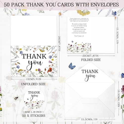 Fumete 50 Set Funeral Thank You Cards, Wildflowers - style: Wildflowers