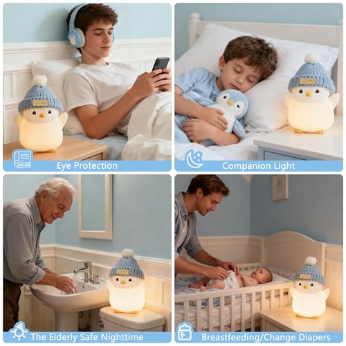 FAMIDUO Pink Penguin Night Light,Cute Penguin Lamp with Hat for Kids/Mom | Squishy Silicone Nursery Nightlight, Rechargeable/Dimmable/Timer,LED Novelty Animal Bedside Light,Funny Gifts for Baby/Boys - color: Grey Stand Penguin