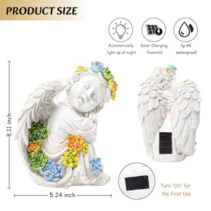 Garden Angels Outdoor Statue, Solar Cherub Baby Angel with Succulent | 8'' Resin Sleeping Angel Statue with Warm Glow, Angel Figurines Gardening Gifts for Mother Grandma Yard Patio Lawn Decoration - style: Sleeping Cherub